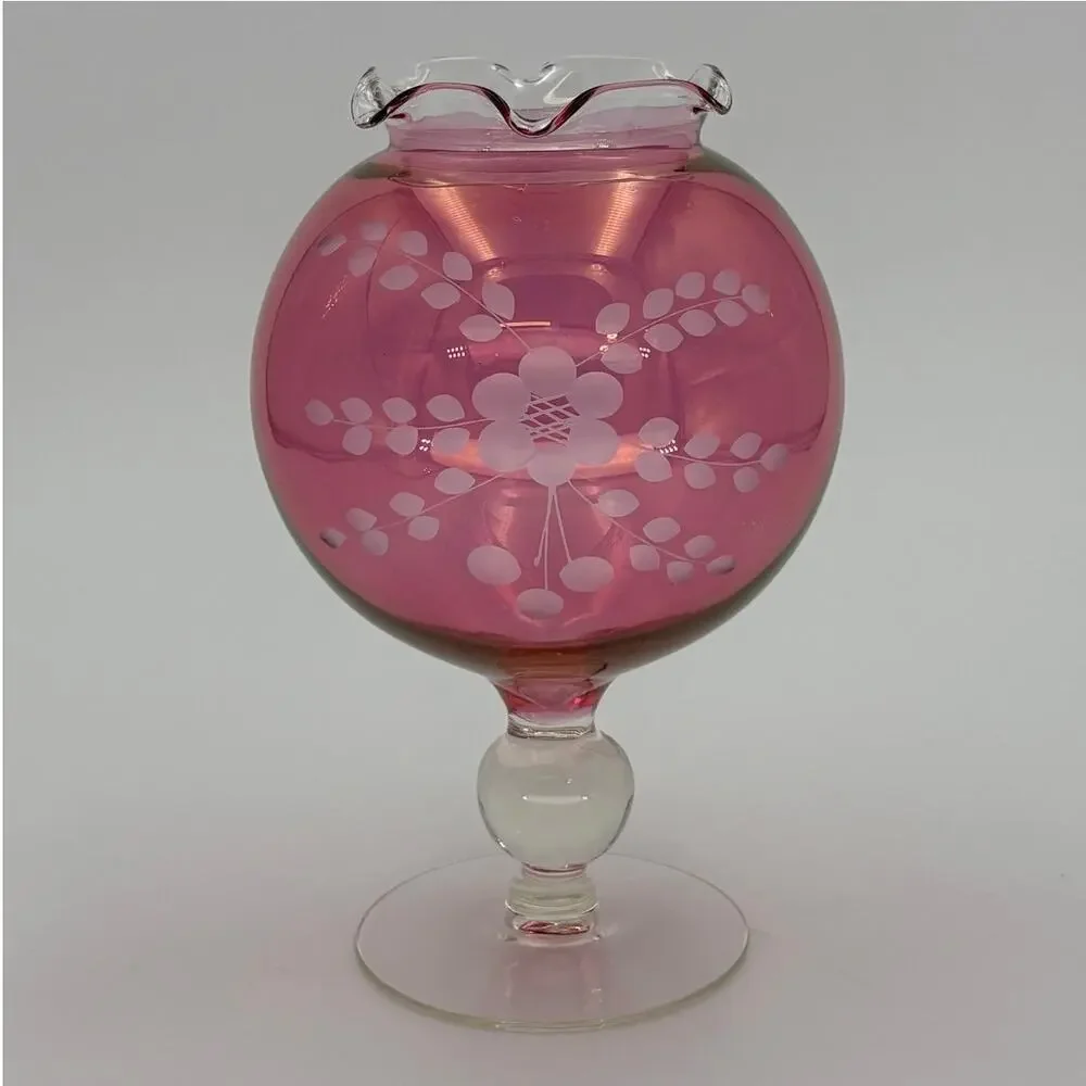 Vintage Cranberry Glass Pedestal Rose Bowl Vase, Etched Flower, Ruffled Rim 8